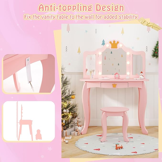 HONEY JOY Kids Vanity with Lights, Crown Girls Vanity Set with Mirror and Stool and Lights, Toddler Vanity, Wooden Makeup Table for Little Girls, Pretend Play Kids Vanity Table and Chair Set(Pink)
