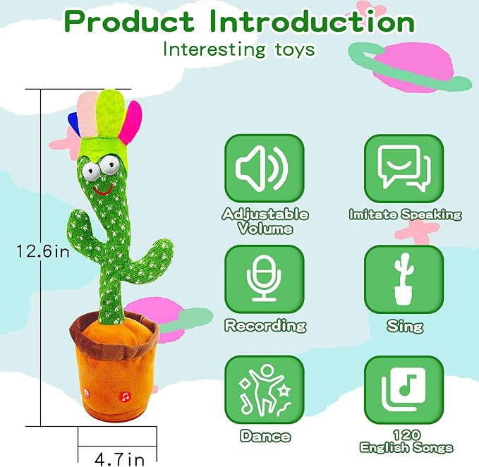 Adjust Volume Dancing Talking Cactus Baby Toy Singing Mimicking Recording Toys Repeats What You Say, Comes with 120 English Songs Singing Talking Musical Toys