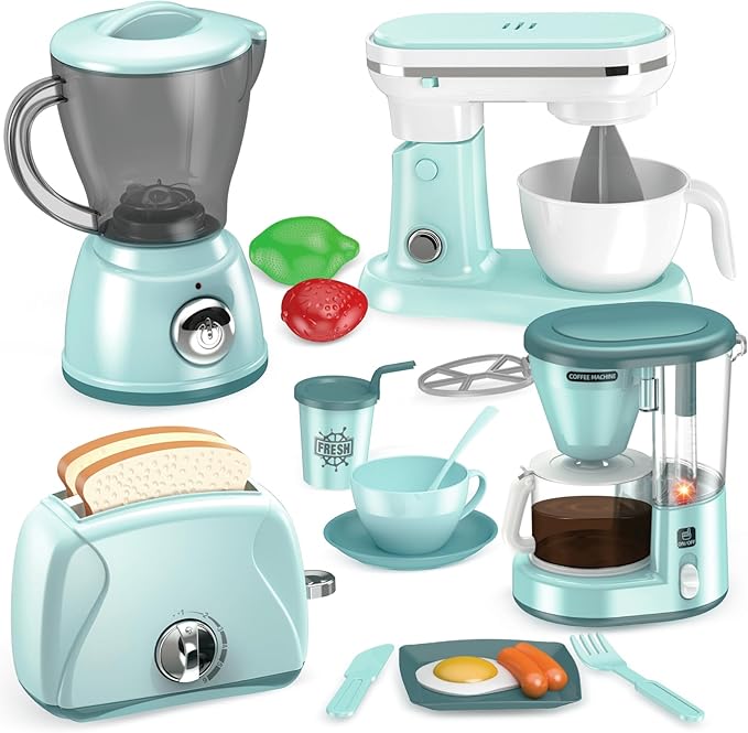 Shemira Play Kitchen Accessories, Play Kitchen Appliances Toy Set with Coffee Maker, Blender, Mixer, Toaster, Kids Kitchen Playset, Toys for 3 4 5 6 7 8 Year Old Girls, Birthday Gifts for Girls