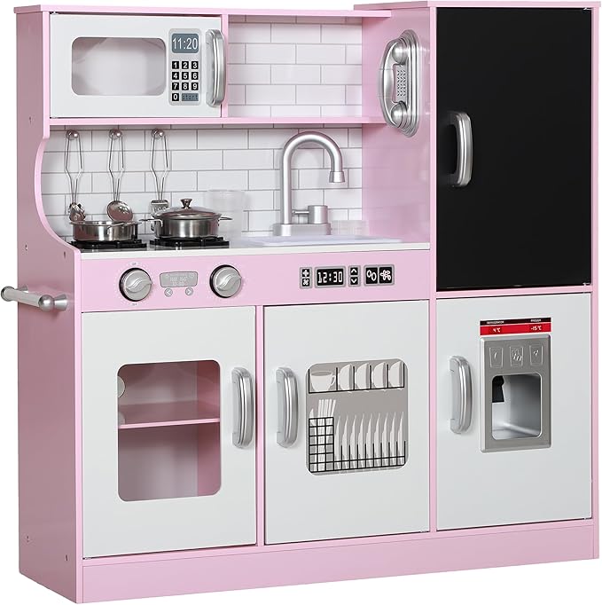 Qaba Play Kitchen, Kids Kitchen Playset Pretend Play Toy Kitchen with Play Phone, Chalkboard, Towel Rack, Ice Maker, 5 Accessories, Storage Space, Microwave & Sink, Gift for 3-8 Years, Pink