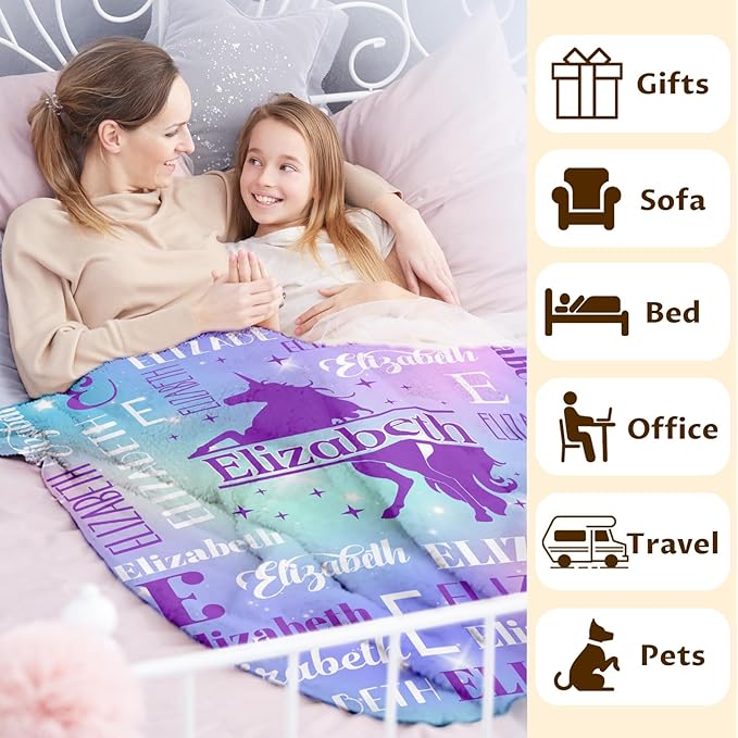 Girls Blankets, Custom with Name Unicorn Throws Gifts for Kids Teens Women, Personalized Soft Comfy Monogram Flannel Fleece Blanket for Bed Couch Sofa Home Decor, Unicorn Stuff Themed Gifts