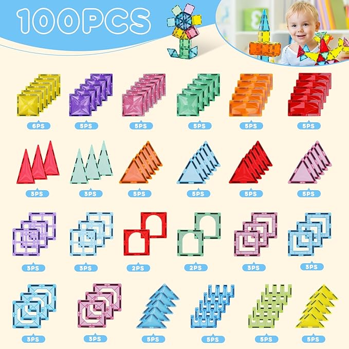 Magnetic Tiles, 100PCS Magnetic Blocks Set, 4D Diamond Magnet Building Blocks, STEM Preschool Educational Magnet Toys Gift for Kids, Boys and Girls 3 4 5 6 7 8+ Year Old