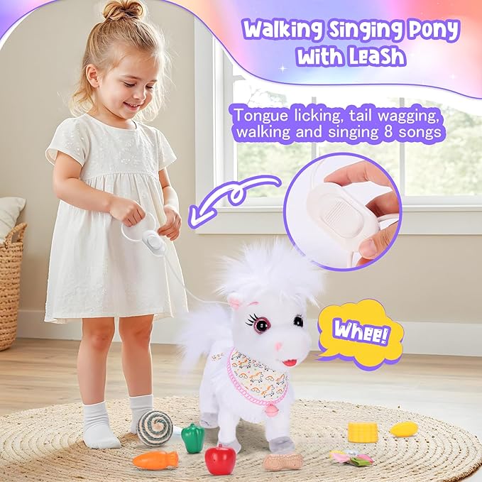 White Walking Singing Pony Set Talking Musical Dancing Pony with Leash, Electric Plush Pretend Play Horse Toy for Girl Kid, Nod Lick Wag Repeat What You Say, Farm Animal Horse Pony Boy