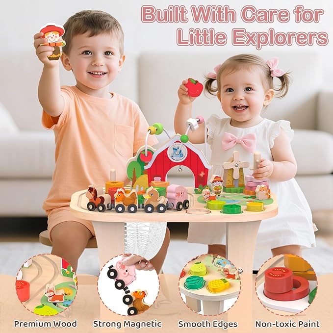 Kids Wooden Farm Activity Table for 1 2 3 Years Old, Montessori Learning Toy with Bead Maze, Shape Sorter & Animal Train, Sensory Development Toy for Toddlers, Educational Gift for Baby Boys Girls 1+