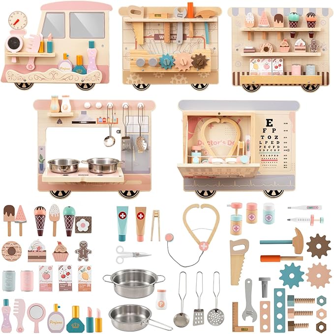 Costzon Train Activity Wall Busy Board, Sensory Wall Panel for Kids w/ Vanity, Tool Box, Play Kitchen, Doctor Kit & Snack Bar, Toddler Montessori Learning Toy for Playroom, Daycare, Nursery, Classroom