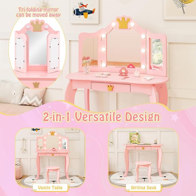 HONEY JOY Kids Vanity with Lights, Crown Girls Vanity Set with Mirror and Stool and Lights, Toddler Vanity, Wooden Makeup Table for Little Girls, Pretend Play Kids Vanity Table and Chair Set(Pink)