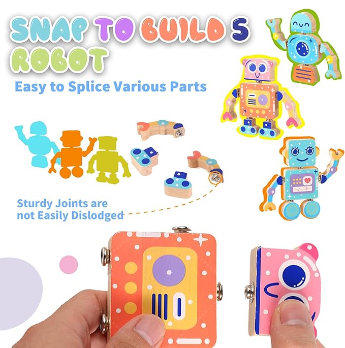 Wooden Snap Together Building Toys, STEM Blocks Toys, 28 Pcs Robot Take Apart Toys Playset, Montessori Educational Fine Motor Skill Toy, Gift for 3 4 5 6 7 8 Years Old Kids
