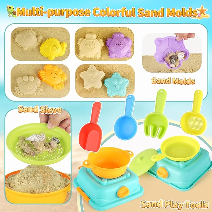 Beach Sand Toys for Toddlers, Seaside Sand Cooking Play Set, Kids Sandbox Toys with Sand Molds and Shovels, Mesh Bag, Baby Boys Girls Outdoor Toys Travel Beach Essentials