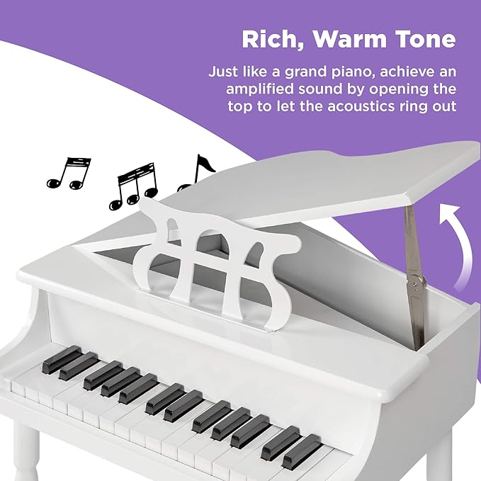 Best Choice Products Kids Classic Wooden 30-Key Mini Grand Piano Musical Instrument Toy w/ Piano Lid, Bench, Foldable Music Rack, Song Book, Note Stickers, Enamel Finish - White