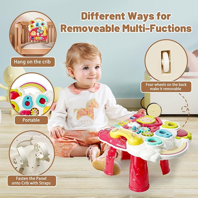 Sit to Stand Baby Walker, Activity Center with Music and Light, Activity Table for Toddlers, Push Toys for Babies Learning to Walk, Early Education Toys for Infant Boys Girls 6 Months Up (Red)