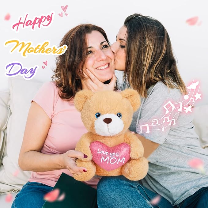 10" Recordable Heartbeat Bear Stuffed Animals Love You Mom with Voice Sweet Messages Recorder Soft Plush Toy Playback Your Words Gifts for Mother's Day Mom