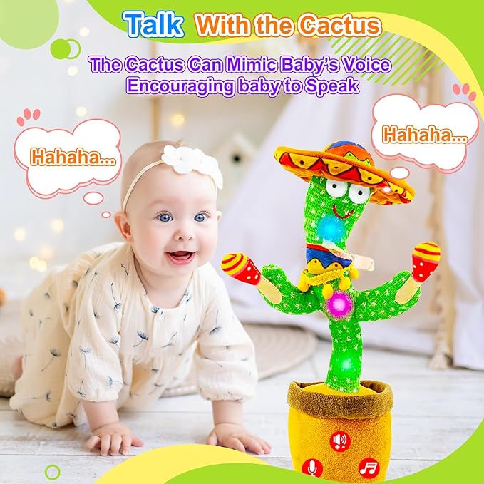 Rechargeable Dancing Talking Cactus Toy w/Volume Adjustable, Cactus Baby Toy Repeat What You Say, Baby Toys for Boys Girls, Singing Mimicking Cactus Toy, Birthday or Chirstmas Gifts for Grandkids