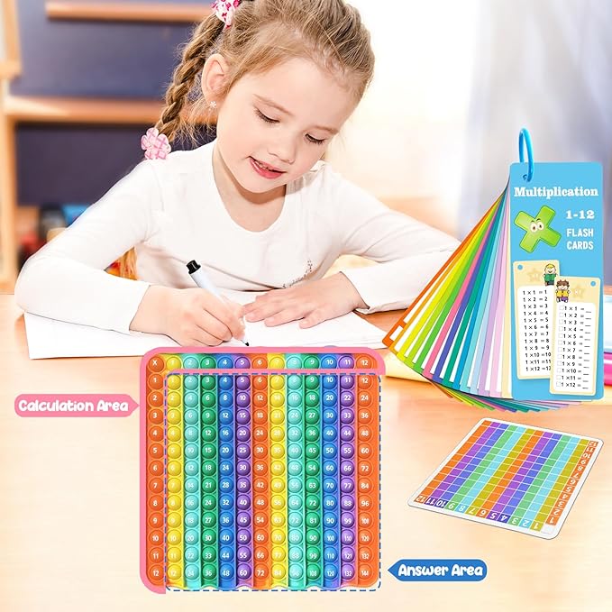 Multiplication Flash Cards + Pop Fidget Multiplication Chart, Times Table Educational Flashcard 3rd Grade, 4th, 5th, 6th Grade