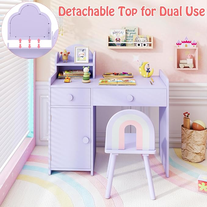 HONEY JOY Kids Vanity, Cloud Shape Wooden Girls Vanity Set with Mirror and Stool, Drawers, Storage Cabinet, Toddler Makeup Desk Dressing Table, Pretend Play Kids Vanity Table and Chair Set (Purple)