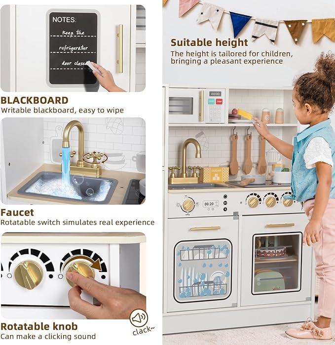 OOOK Wooden Kids Kitchen Playset, Simulated Kids Play Kitchen with Lights and Sounds, Nice Role Play Toy Kitchen with Plenty of Play Features for Kids Gift