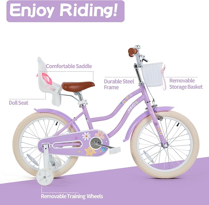 JMMD Girls Bike for 4-12 Years Old Kids, 12 14 16 18 20 24 Kids Bike with Training Wheels, Basket and Doll Seat, Toddler Girls Bicycles with Handbrake & Kickstand, Multiple Colors