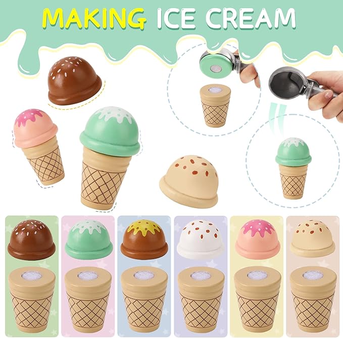 Wooden Ice Cream Toys for Kids Pretend Play Kitchen Food Toys with Scoop & Menu & Fake Money, Ice Cream Counter Shop Playset for 3 4 5 6 Year Old Girls Boys Birthday Gifts