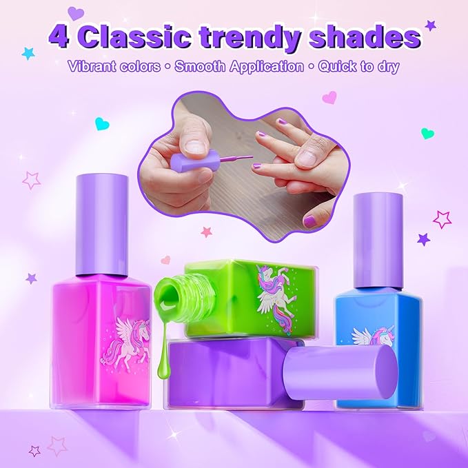 Kids Nail Polish Set for Girls Toys, Washable Quick-Dry Toddler Nail Art Kit with Air Cooling Dryer and Cosmetic Case, Christmas or Birthday Gifts for Girls Ages 3 4 5 6 7 9 10 11 12-Purple