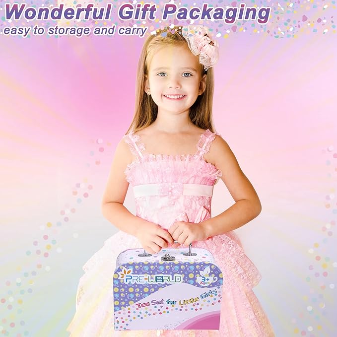 Tea Party Set for Little Girls,PRE-WORLD Princess Tea Time Toy with Food Sweet Treats Playsets,Dress Up Accessories Cloak Necklace Bracelet Jewelry Set, Kids Kitchen Pretend Play for Girls Age 3-6