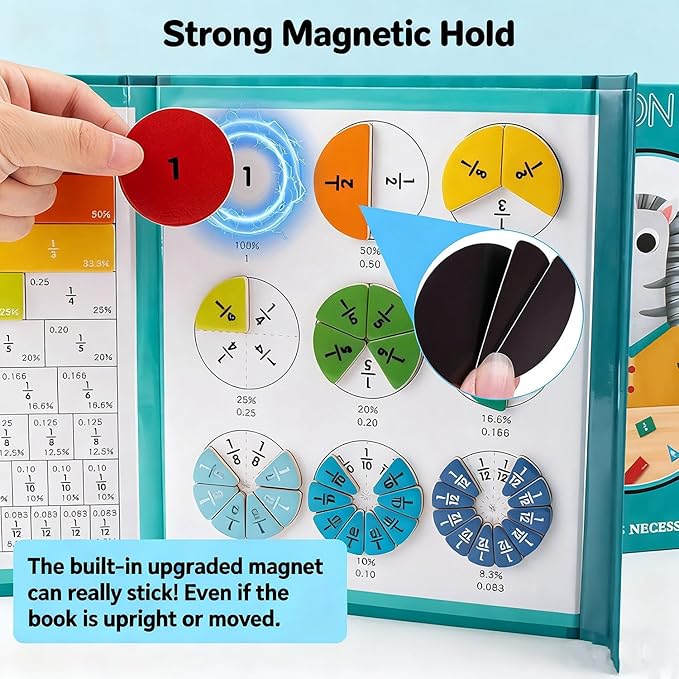 Magnetic Fraction Tiles, Magnetic Fraction Demonstration Book, Score Disk Demonstrator Math Puzzle Learning Building Block Set For Hands & Brain Use, Not Easy To Fall Off, 10 Brilliant Colors (C,1Set)