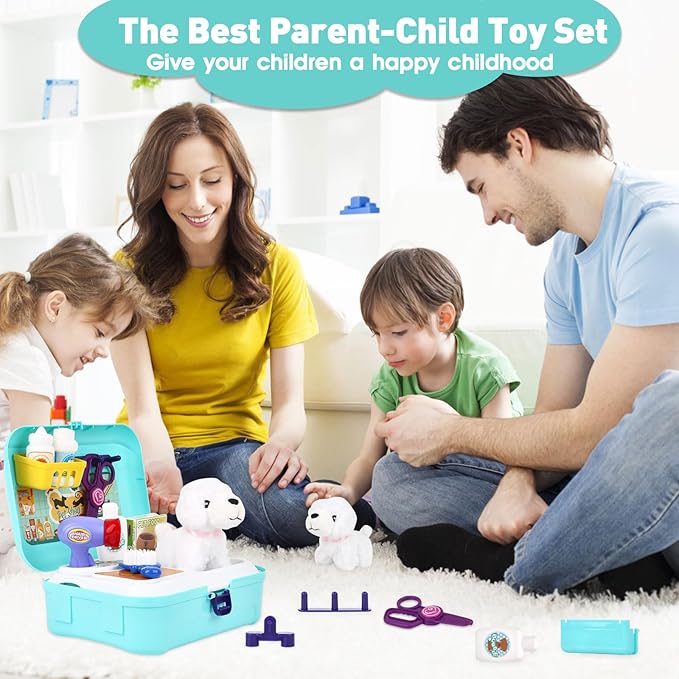 Pet Care Play Set for Kids, 16Pcs Doctor Kit Pretend Play Vet Puppy Dog Grooming & Feeding Toys with Backpack, Educational Toys for Girls and Boys 3-7 Years Old