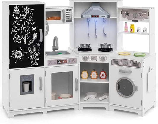 Costzon Corner Play Kitchen w/Lights, Sounds, Large Pretend Play Kitchen Set w/Blackboard, Microwave, Cooking Accessories, Wooden Montessori Sensory Toy for Kids 3+ Years Old (White)