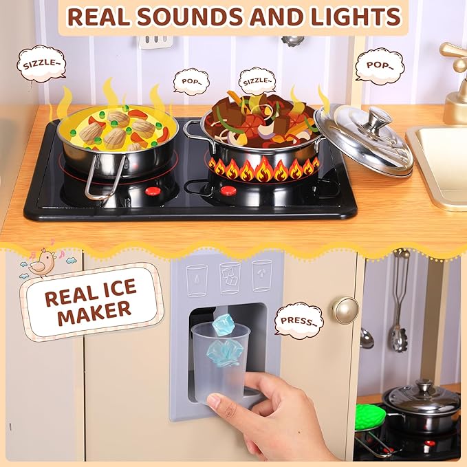 Wooden Play Kitchen for Kids, Toddler Vintage Kitchen Toy Set w/Pretend Phone, Ice Maker, Towel Rack, Height Adjustable Realistic Playset Chef w/Light & Sound (Beige)