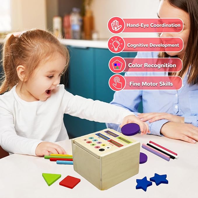 Wooden Montessori Toys for Toddlers, Color & Shape Sorting Matching Games, Fine Motor Skills Sensory Preschool Learning Educational Toys Baby Boys Girls Gifts (2 in 1)