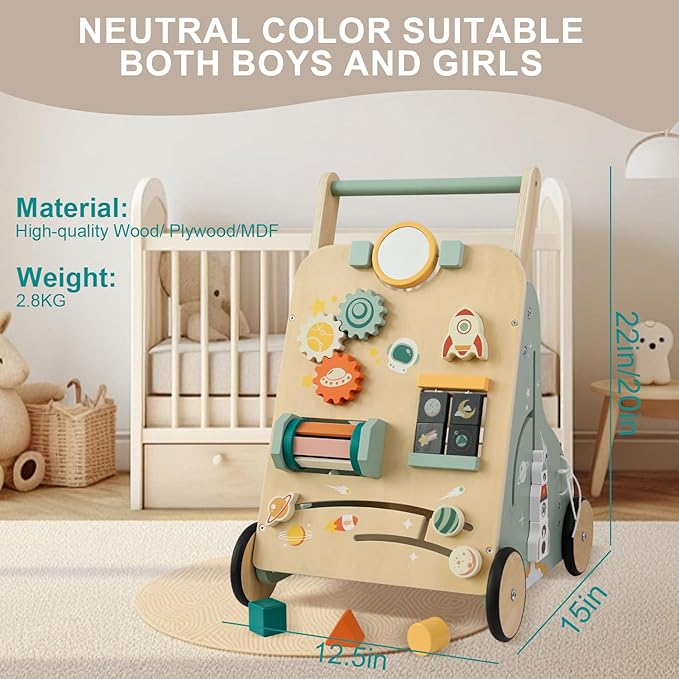 Adjustable Wooden Baby Walker – Montessori Push Toy for 1 Year Old with Rocket-Themed Activity Center, Sit-to-Stand Walker Gift for Boys and Girls