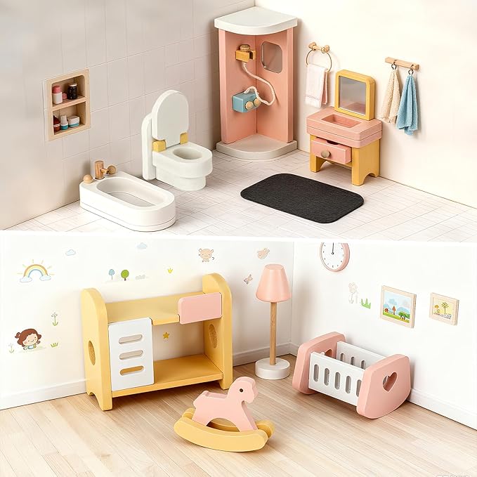 35PCS Wooden Dollhouse Furniture Set with Dolls for 5 Rooms Kits, Doll House Accessories Furniture Toys for Toddlers, Pretend Play Toys Christmas Birthday Gift for Girls and Boys, 3+