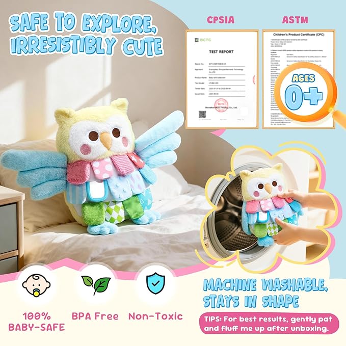 JoyCat Baby Tummy Time Toys 0-12 Months, Sensory Owl Stuffed Animal, Soft Montessori Infant Toy with Textured Crinkle Mirror, 13 Inch Carseat Toy for Newborn Boy Girl Shower Christmas Gift