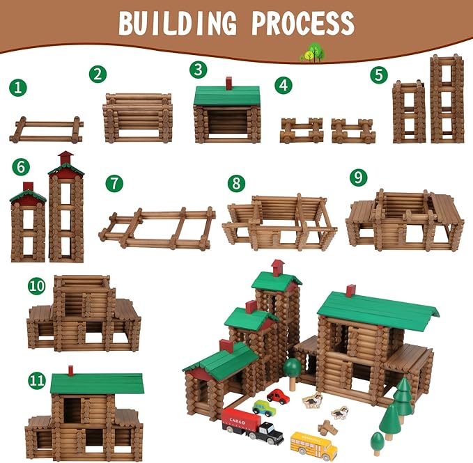 Wondertoys 456Pcs Big Villa Wooden Log Set Real Wood Logs Classic Building Log Ages 3+ Best Retro Building Gift Set Creative Construction Engineering Educational Gifts