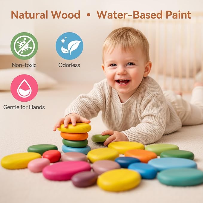 OESSUF Extra-Large Stacking Rocks for Toddlers 1-3, 16 PCS Wooden Montessori Toys, Safe Smooth Jumbo Balancing Stones for Open-Ended Sensory Play, STEM Building Blocks for Boys & Girls