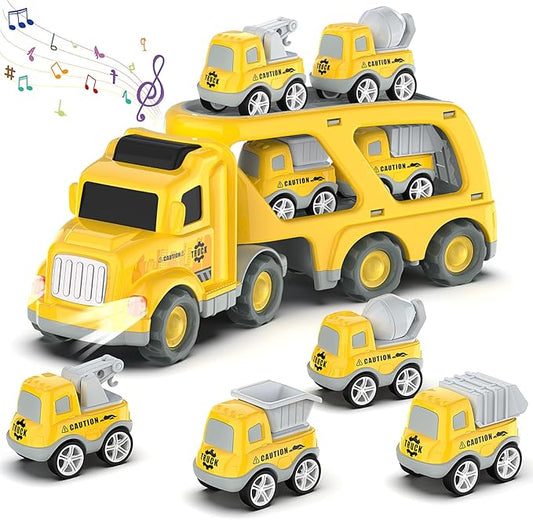 Veslier Toddler Car Toys for 3 4 5 Years Old Construction Transport Truck with 4 Pack Small Pull Back Construction Vehicles Friction Power Cars Christmas Birthday Gifts for Kids Boys Girls