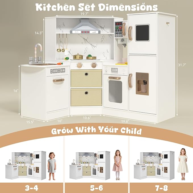 Wooden Play Kitchen for Kids with Realistic Lights & Sounds, Smart Storage, Pretend Ice Maker, Sink, Stove, Inspiring Creative Role Play Toy for Ages 3+(White)