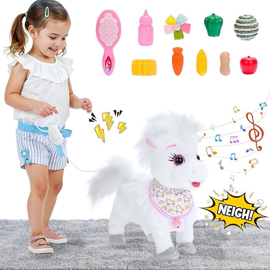 White Walking Singing Pony Set Talking Musical Dancing Pony with Leash, Electric Plush Pretend Play Horse Toy for Girl Kid, Nod Lick Wag Repeat What You Say, Farm Animal Horse Pony Boy