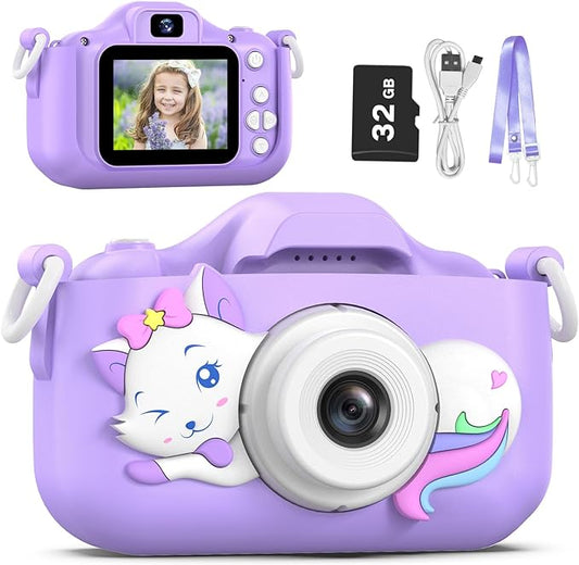 Goopow Kids Selfie Camera Toys for Girls Age 3-9, Digital Video Camera Toy with Protective Cover,Christmas Birthday Festival Gifts for 3-9 Year Old Girls Boys- 32GB SD Card Included (DC-H21-PURPLE)