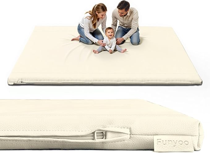 Padded 79" ×71" Large Baby Play Mat for Floor, 1.2" Thick Memory Foam Playmat with Soft Vegan Leather Cover, Cushioned Play Mat for 71" x59" Playpens, Beige