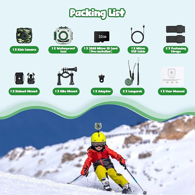 PROGRACE Kids Waterproof Camera - Birthday for 3-12 Year Old Boys 1080P HD Underwater Video Camera for Kids Pool Toys Toddler Digital Cameras with 32GB SD Card Green