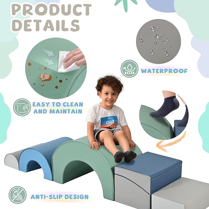 Merax Rainbow Soft Play Set, Soft Climbing Toys for Toddlers with Foldable Slide, Indoor Baby Soft Foam Blocks for Climbing and Crawling, 5-Piece