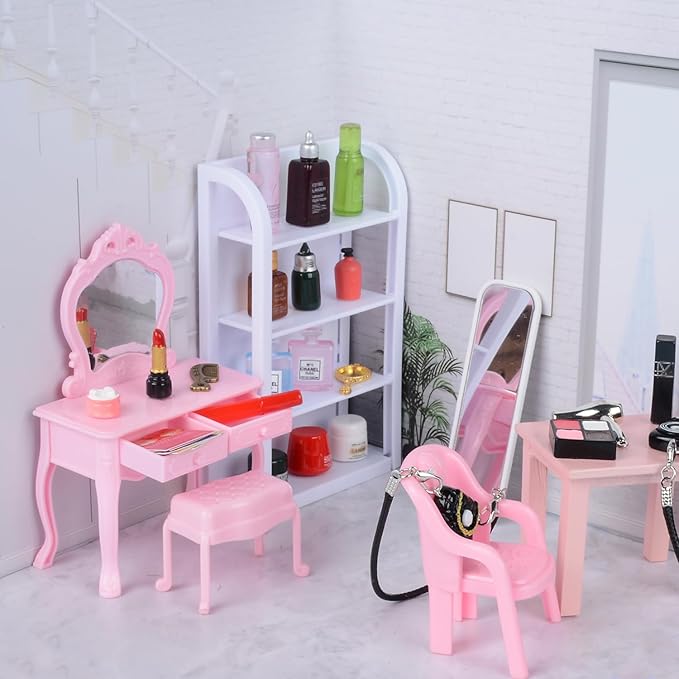 100 Pcs Dollhouse Mini Cosmetic Set，Miniature Bathroom Accessories，Mini Makeup Pretend Play Gifts for Girls，Jewelry Storage Case Shelf Handbag Camera Toiletries Dollhouse DIY Micro Scene