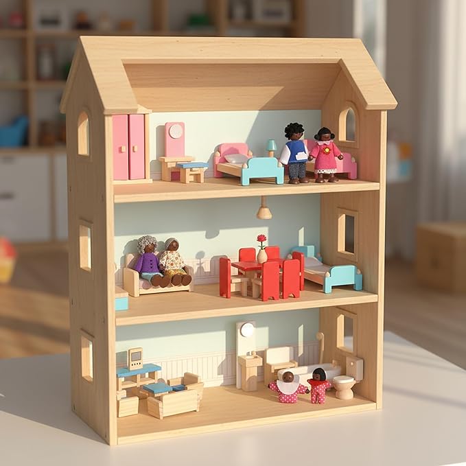 Sumind 35 Pcs Wooden Dollhouse Furniture Set with 8 Family Toys Family Set 27 Pcs Furniture Dollhouse Accessories for Boys Girls, Thanksgiving Christmas Birthday Gift(African-American Dolls)