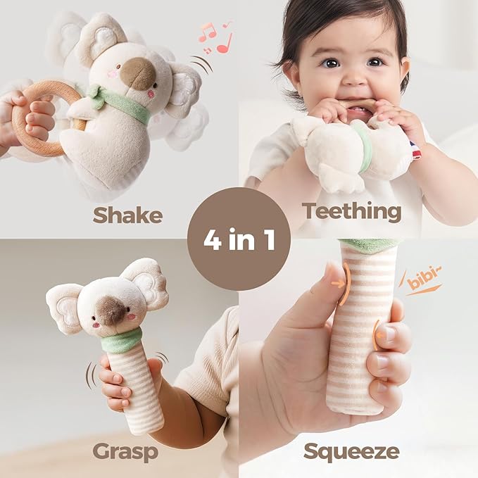 Evoceler 2 PCS Koala Rattles & Shaker Toys with Embroidered Details, Wooden Teething Ring Baby Toys, BPA-Free Sensory Toys for 0-3-6-12 Months, Squeaky Infant Toy, Ideal Baby Shower Boy Girl Gift