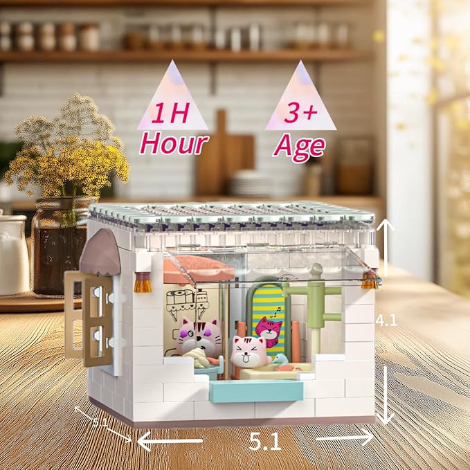 Koko's Cat Town DIY Miniature House Kit,Tiny House Bathroom Building Kit,Purrfect Dollhouse with 254PCS,Cat Toys Gift for Teens Kids Ages 3+,Dollhouse for 3 and up