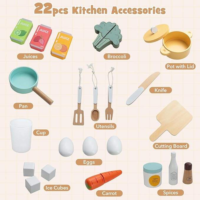 Costzon Corner Kitchen Playset, Kitchen Toy Set w/Real Lights & Sounds, Large Fridge, Ice Maker, Oven, Microwave, Washer, Trash Can & 22 Accessories, Wooden Pretend Play Kitchen for Kids 3+ (Brown)