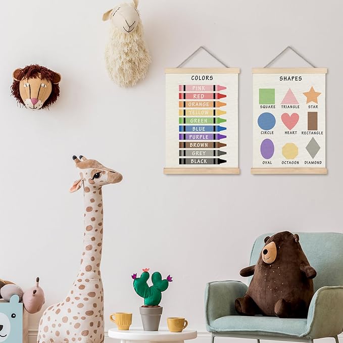 Supwhd Shapes Colors Posters for Classroom Wall, Shapes Colors Learning Poster Hanger Frame Wall Decor for Classroom Nursery Kids Room Playroom Preschool Decor, 12x16 Set of 2