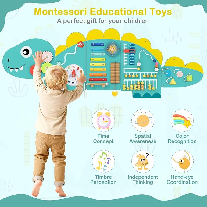 HONEY JOY Dinosaur Activity Wall Busy Board Panels, 11-in-1 Wooden Sensory Wall Panel for Kids, Toddler Learning Activity Center, Ideal for Playroom Daycare Nursery Classroom Dentist Office (Green)