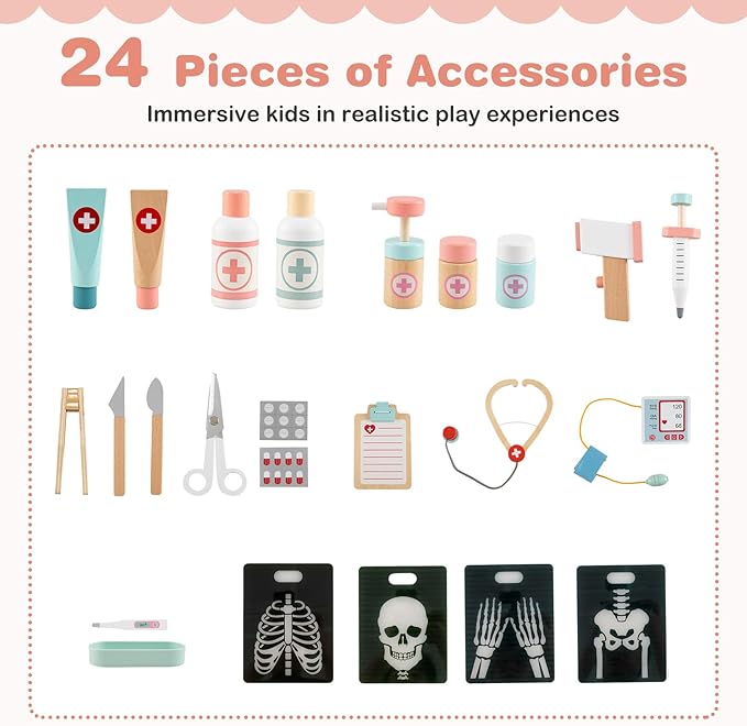 KOTEK Kids Doctor Play Set with 24 PCS Accessories, Wooden Medical Station with Eye Chart, ECG Monitor, X-Ray Film, Pretend Play Hospital Center for Toddlers, Toy Doctor Kit for Girls Boys (Pink)
