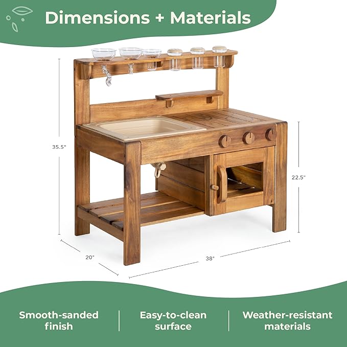 Guidecraft Acadia Kids' Outdoor Mud Kitchen Playset - Pretend Play Kitchen with Sink, Stove, and Accessories | Wooden Backyard Playset | Outdoor Play Furniture for Kids | Outdoor Toddler Activities