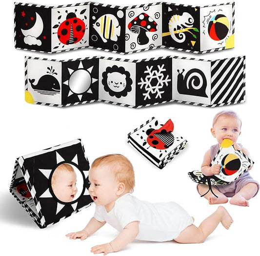 Tummy Time Toys, High Contrast Baby Book with Mirror & Teether, Black and White Infant Books, 0-6-12 Months Soft Book for Newborn, Sensory Books, Tummy Time Car Seat Toys 0-6 Month Boy Girl Gift